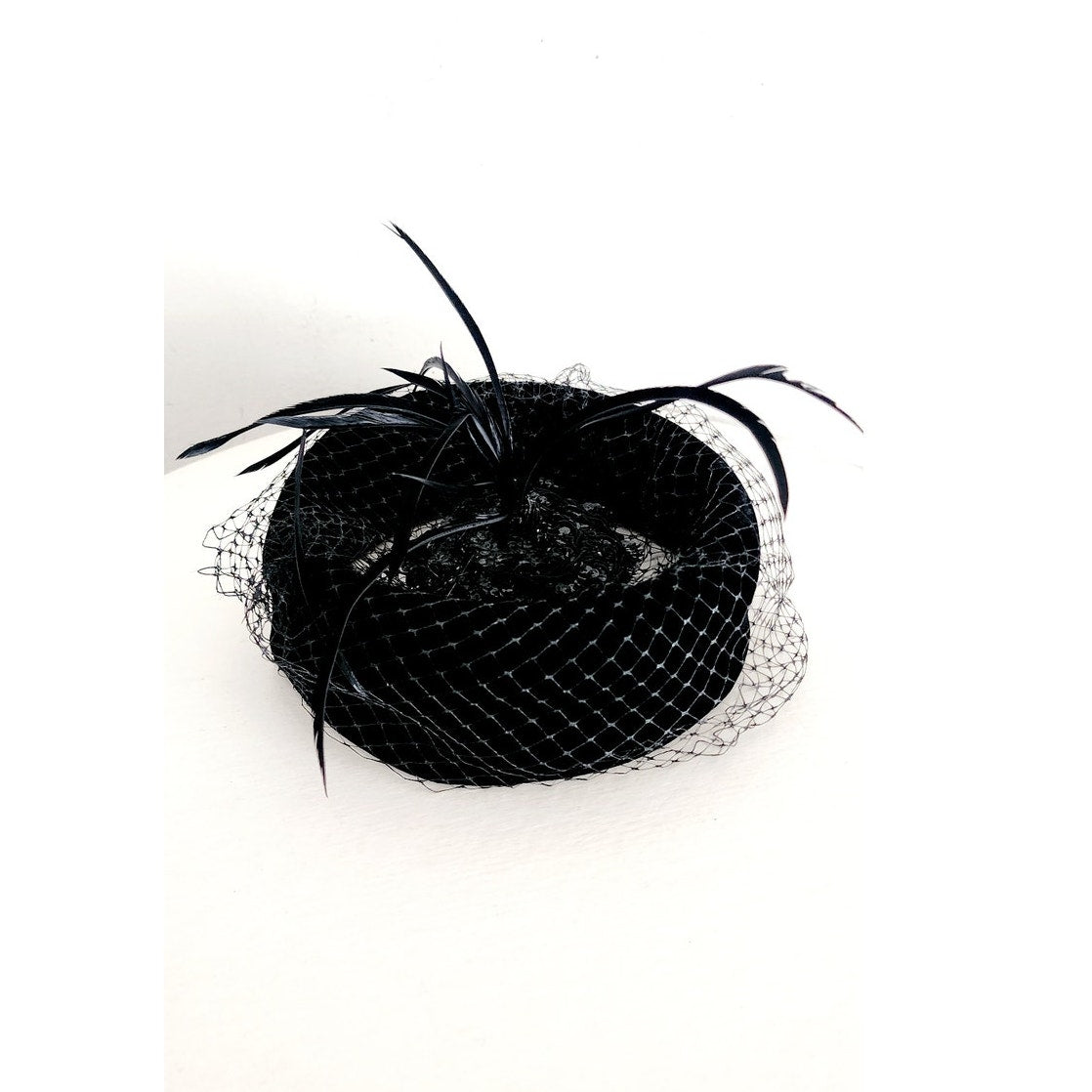 Vintage 50s Black Cocktail Hat Velvet Pillbow w/Mesh and Tall Feathers