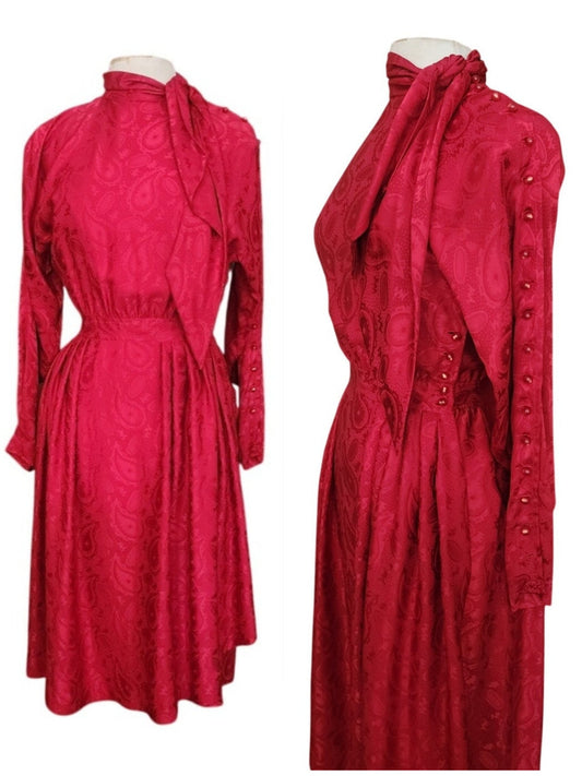 Vintage 1980s Emanuel Ungaro Dress Red Silk Paisley Print I Magnin Long Sleeve Scarf Sash Tie