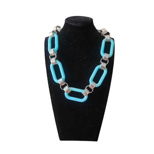 Vintage Y2K PONO by Joan Goodman Resin Chain Link Necklace Aqua Blue Silver Statement Italy
