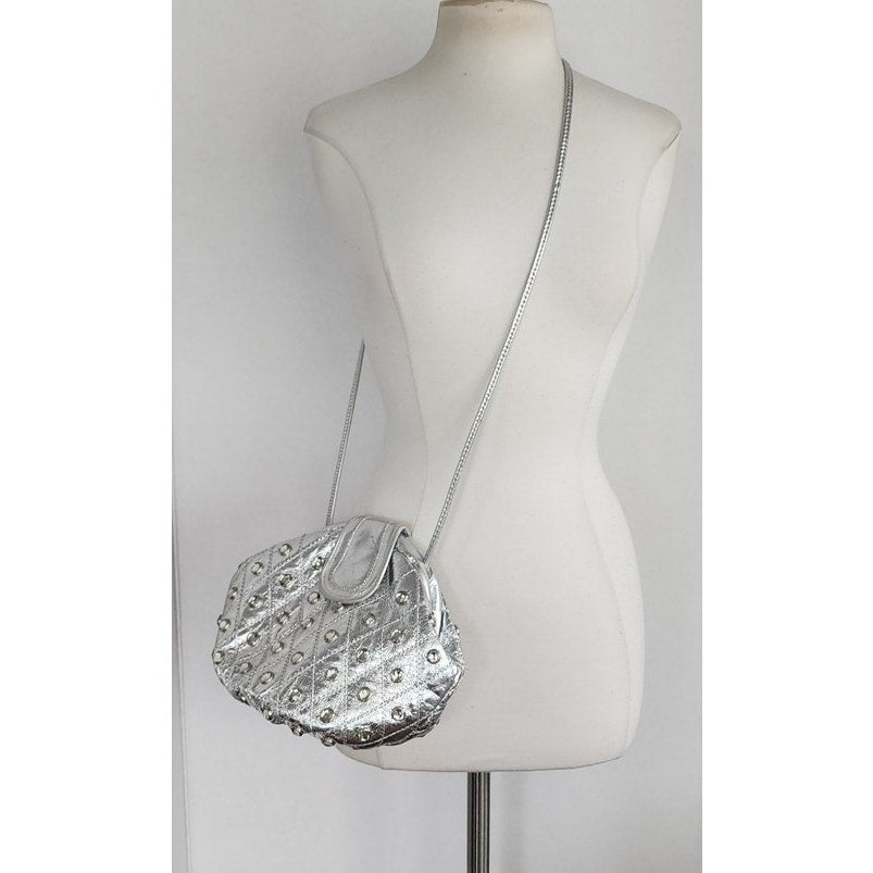 Vintage 80s Silver Bag Crossbody Shoulder Purse Rhinestone Studs