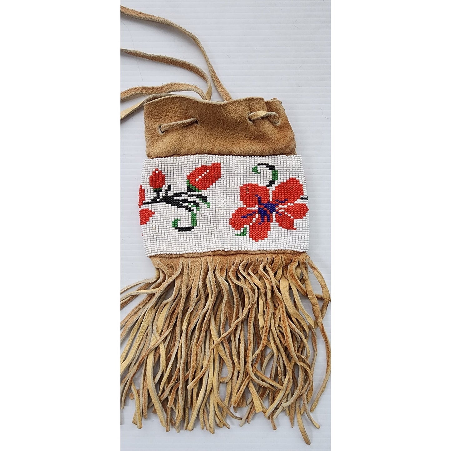 Antique Native American Medicine Bag Embroidered Fringed Suede Plains Indians Pouch