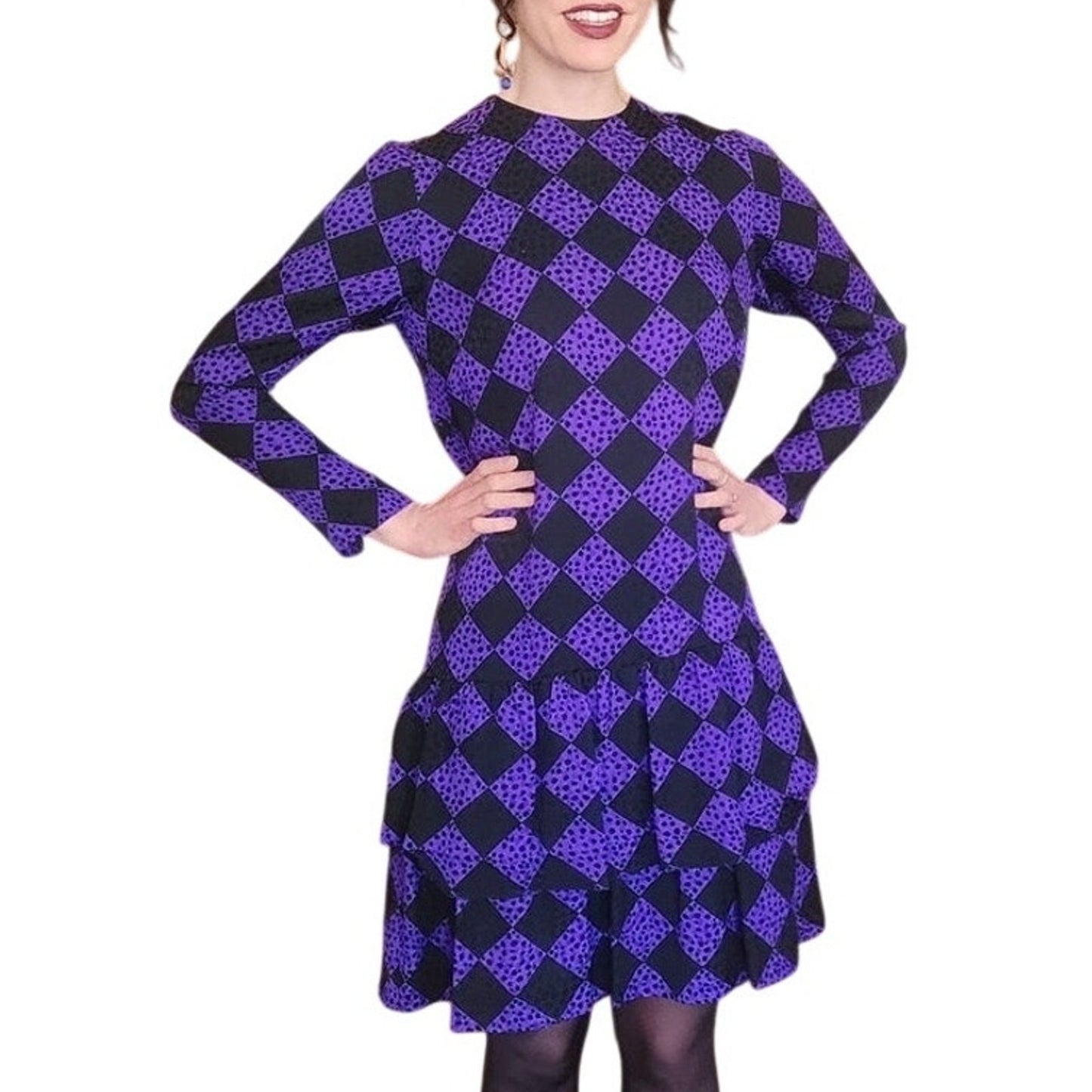 Vintage 1980s GIVENCHY Silkprint Dress Purple Black Harlequin Diamonds Long Sleeved