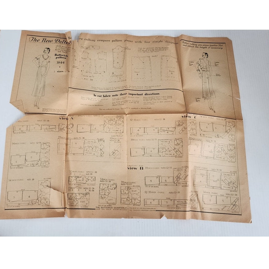 Vintage 20s Sewing Pattern Slip-Over Frock Butterick 3844 Bust 34