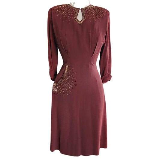 Vintage 1940s Beaded Dress in Brown Copper Crepe w/Keyhole Small