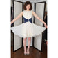 Vintage 60s Miss Elliette Party Dress Pleated Skirt Large Bow Ivory Navy Blue