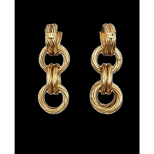 Vintage 90s Chanel Earrings Clip On 1993 Gold CC Logo Multi Ring Drop Lagerfeld