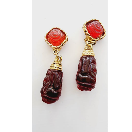 Vintage 80s Dangle Earrings Carved Red Glass Beads & Braided Gold