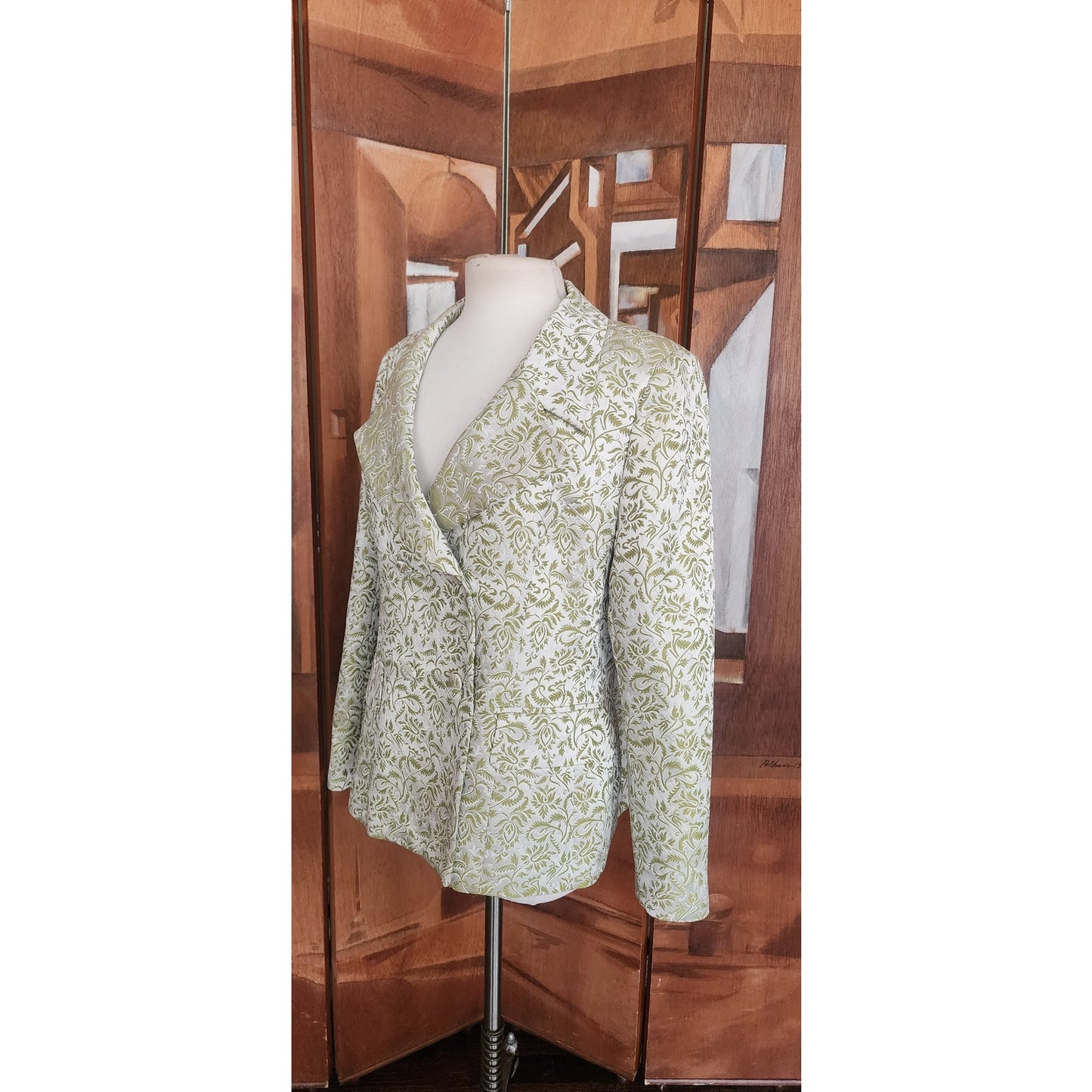 Vintage 1980s ESCADA COUTURE Blazer Green Leaf Print Jacket Double Breasted 40