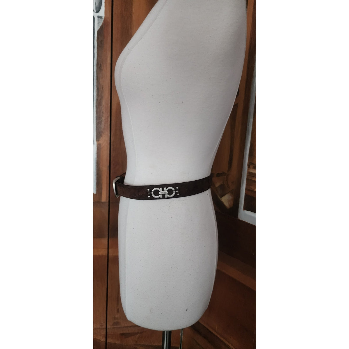 Vintage 1990s Ferragamo Belt Brown Suede + Silver Gancini Concho Panels Size 32