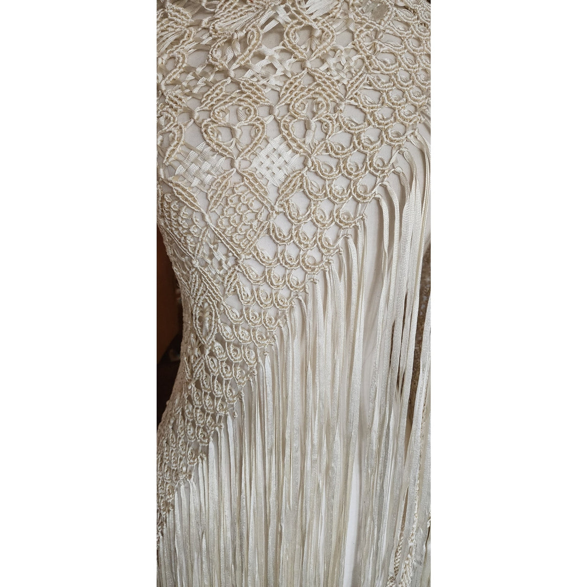 Vintage Cream Crochet Lace Piano Shawl Oversized Macrame Silk Ribbon Wrap Fringed