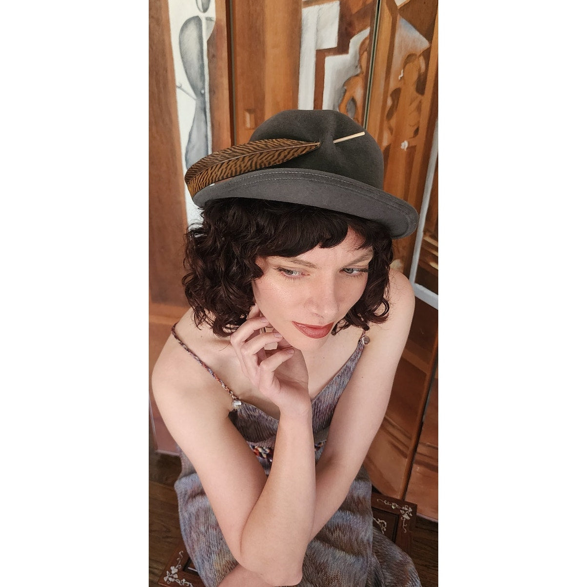 Vintage 70s HALSTON Gray Wool Felt Fedora Hat w/ Feather Wide Brim
