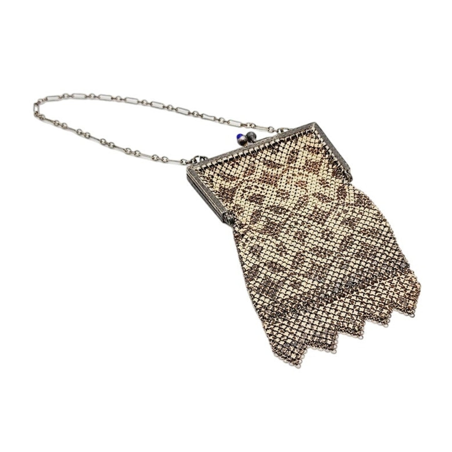 Antique Evening Bag Beaded Mesh Silver Beige 1910s Art Nouveau Mandalian Co