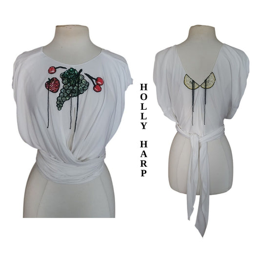 Vintage 1980s Holly Harp Top or Tunic Silk Jersey Embroidered Fruit Sequins Beaded Fringe