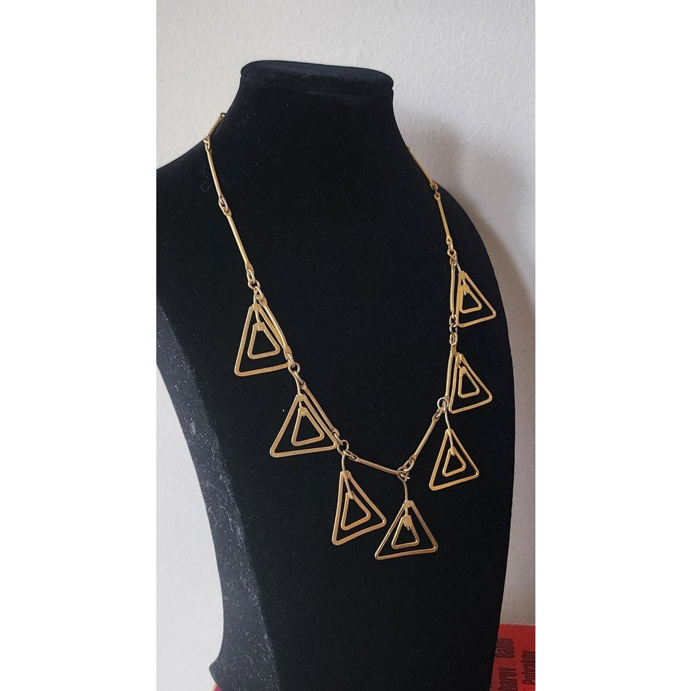 Vintage Gold Necklace Geometric Triangle Pendants Klimt Art Deco Style