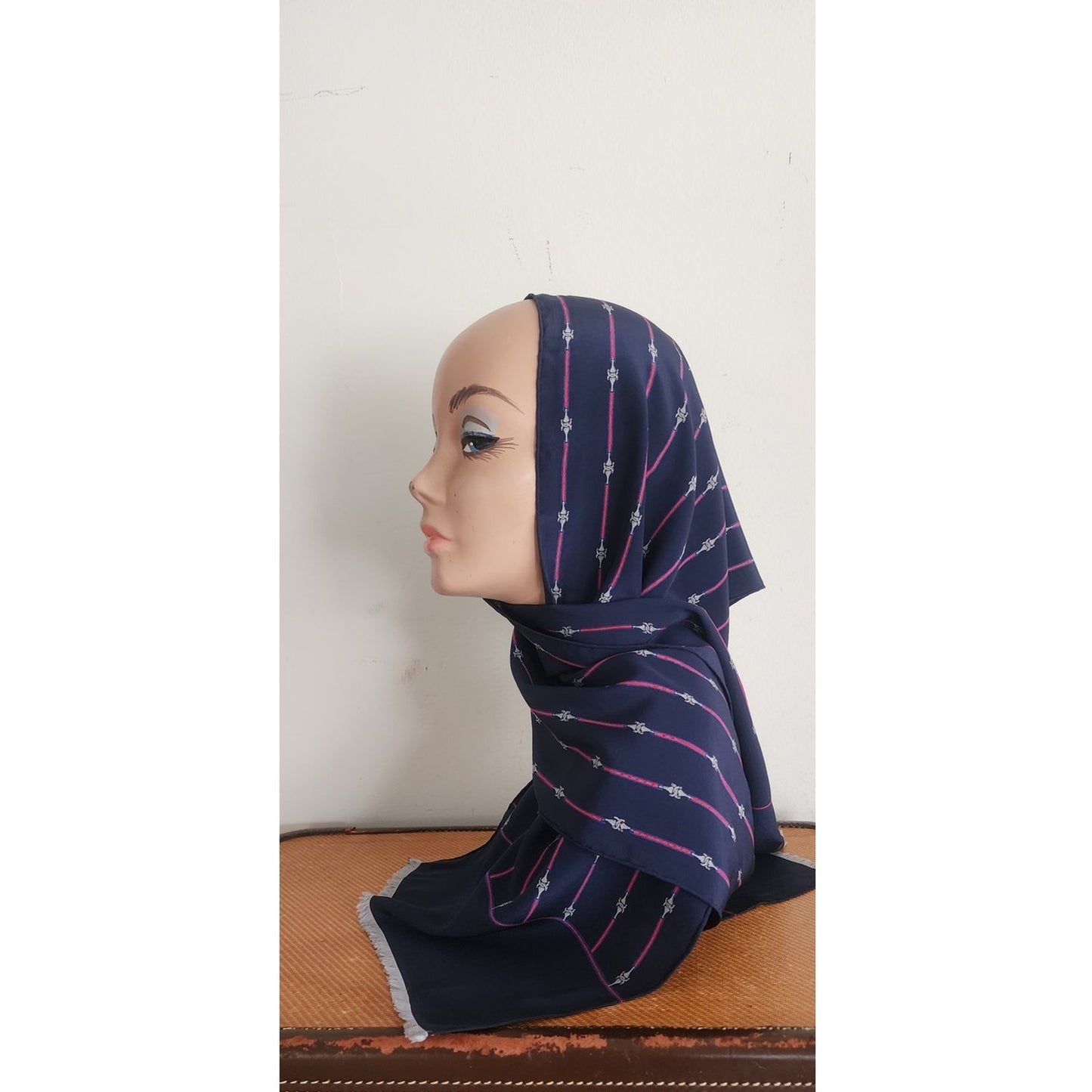 Vintage 1970s Gucci Silk Scarf Navy Blue Horsebit Print Rectangular Fringed