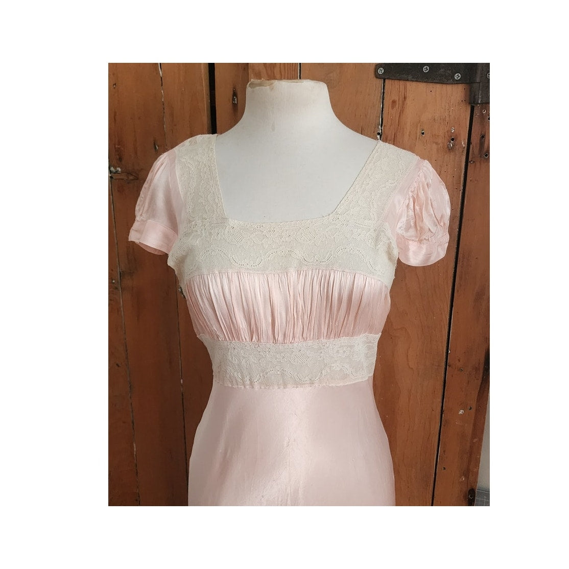 Vintage 30s Pale Pink Silk & Lace Bias Cut Nightgown Dress Long Slip Old Hollywood M
