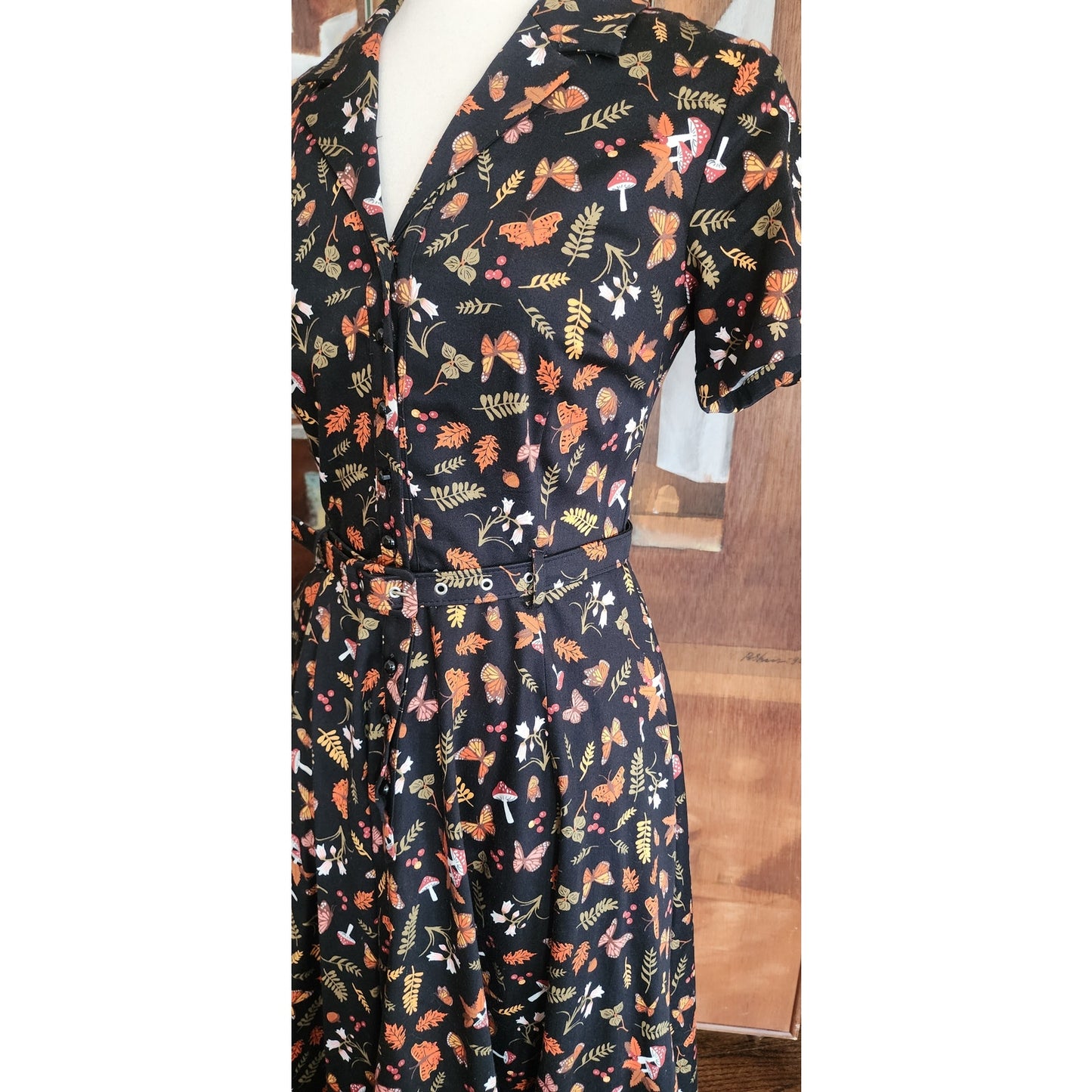 COLLECTIF Retro 50s Style Shirtdress Rockabilly Dancing Dress Mushroom Butterfly Print