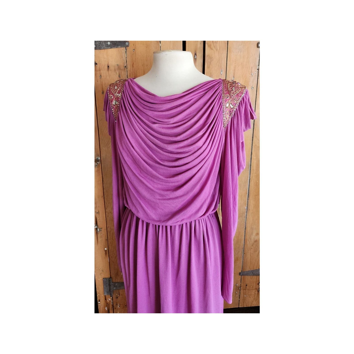 Vintage 80s Purple Evening Dress Grecian Drape Torso Beaded Shoulders Jonathan Hitchcock