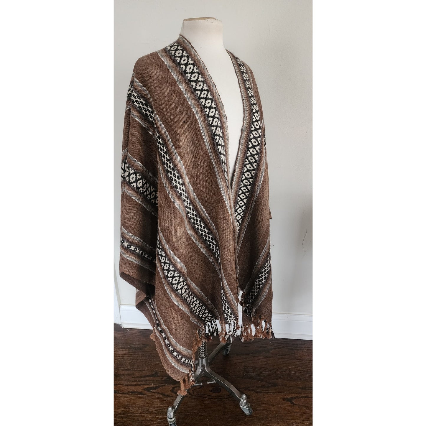 Vintage Fotrama Poncho Alpaca Wool Brown Cream Striped w/Fringe Handmade Ruana Bolivia