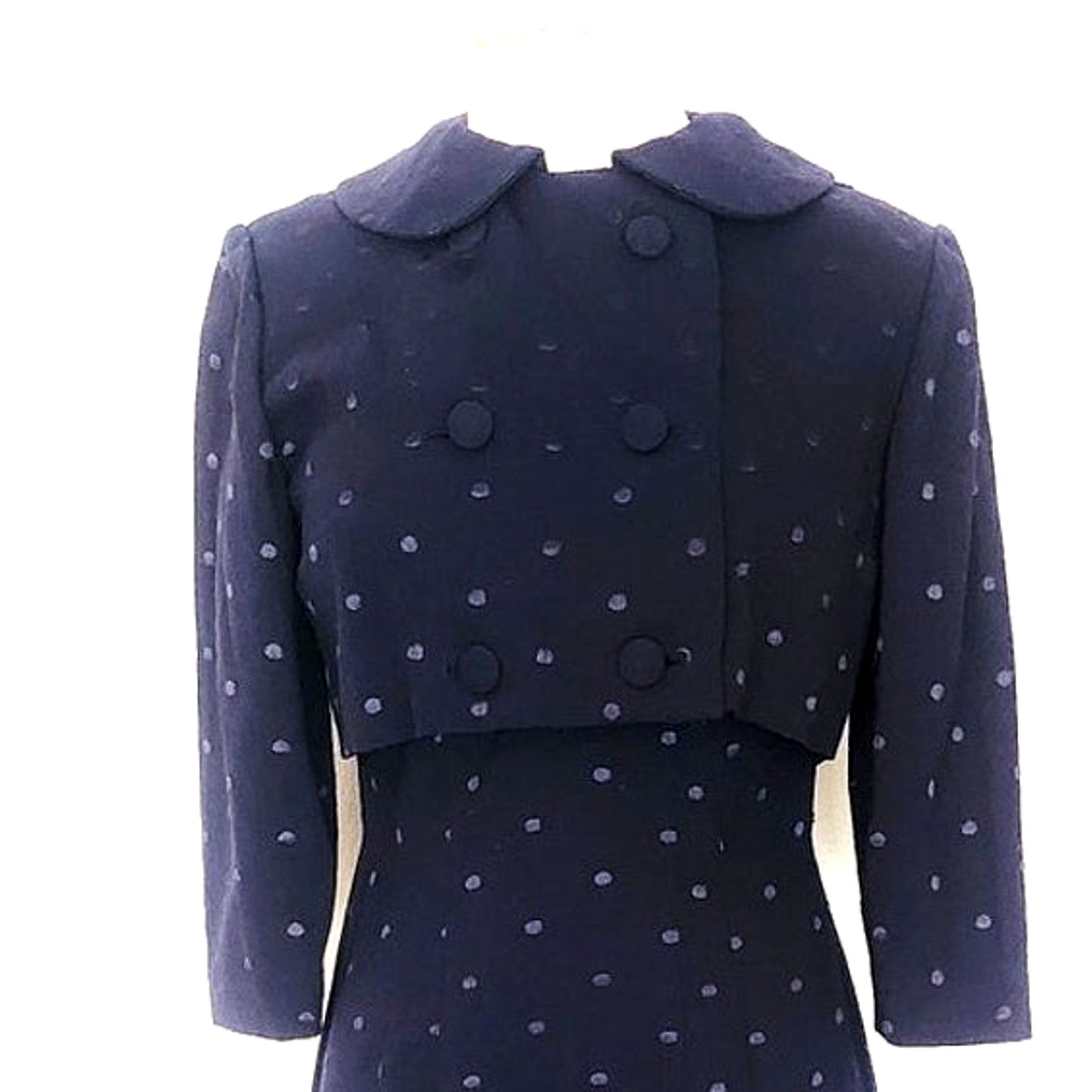Vintage 50s Dress Jacket Suit Set Navy Blue Polkadot Wool Silk Bombshell Wiggle Viva Las Vegas