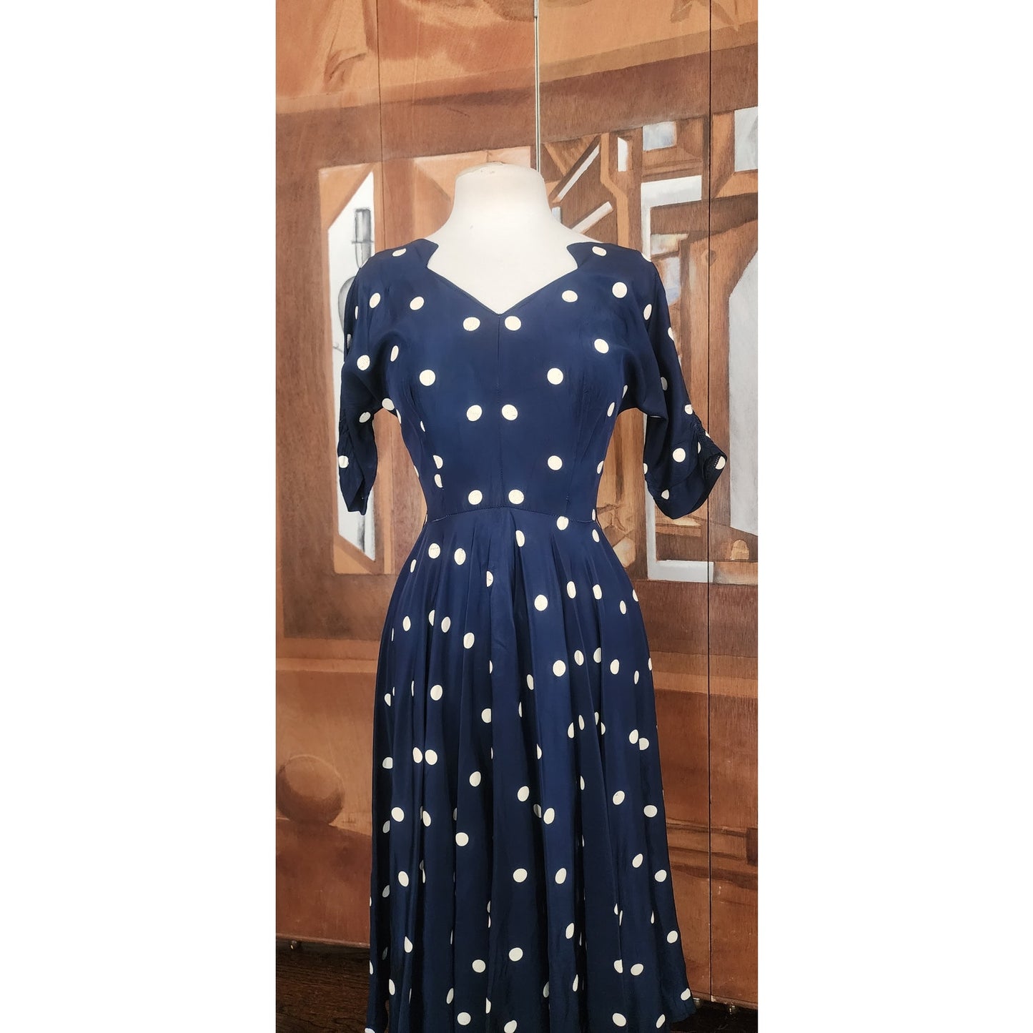 Vintage 1950s Lilli Diamond Dress Blue  White Polka Dot Print Midi / S