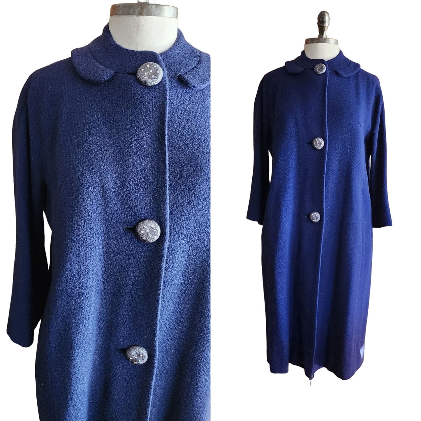 Vintage 60s Navy Blue Coat Rhinestone Buttons Lytton's