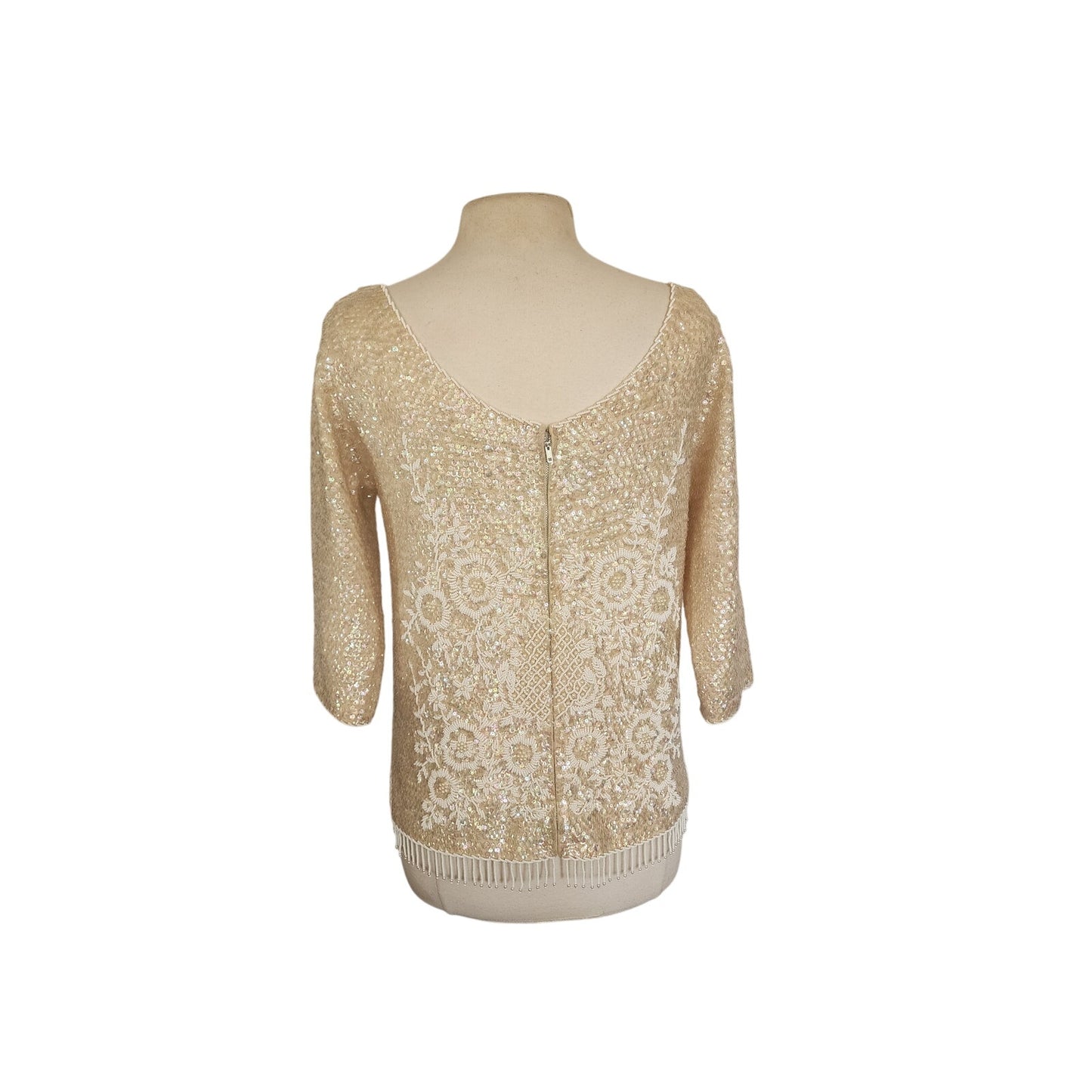 Vintage 60s Beaded Sequined Top Cream Wool Long Sleeved Regalia Imports Hong Kong
