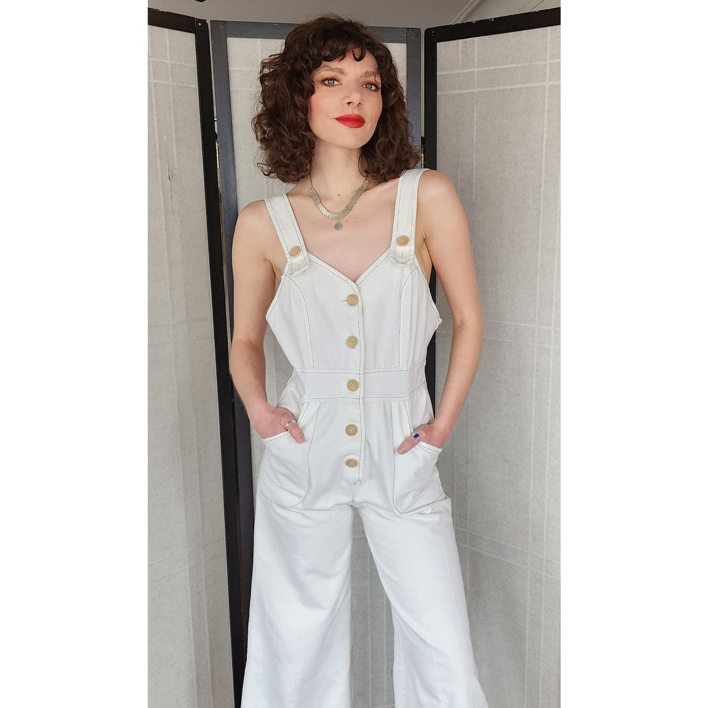 Vintage 70s Jumpsuit in White Cotton Big Pockets