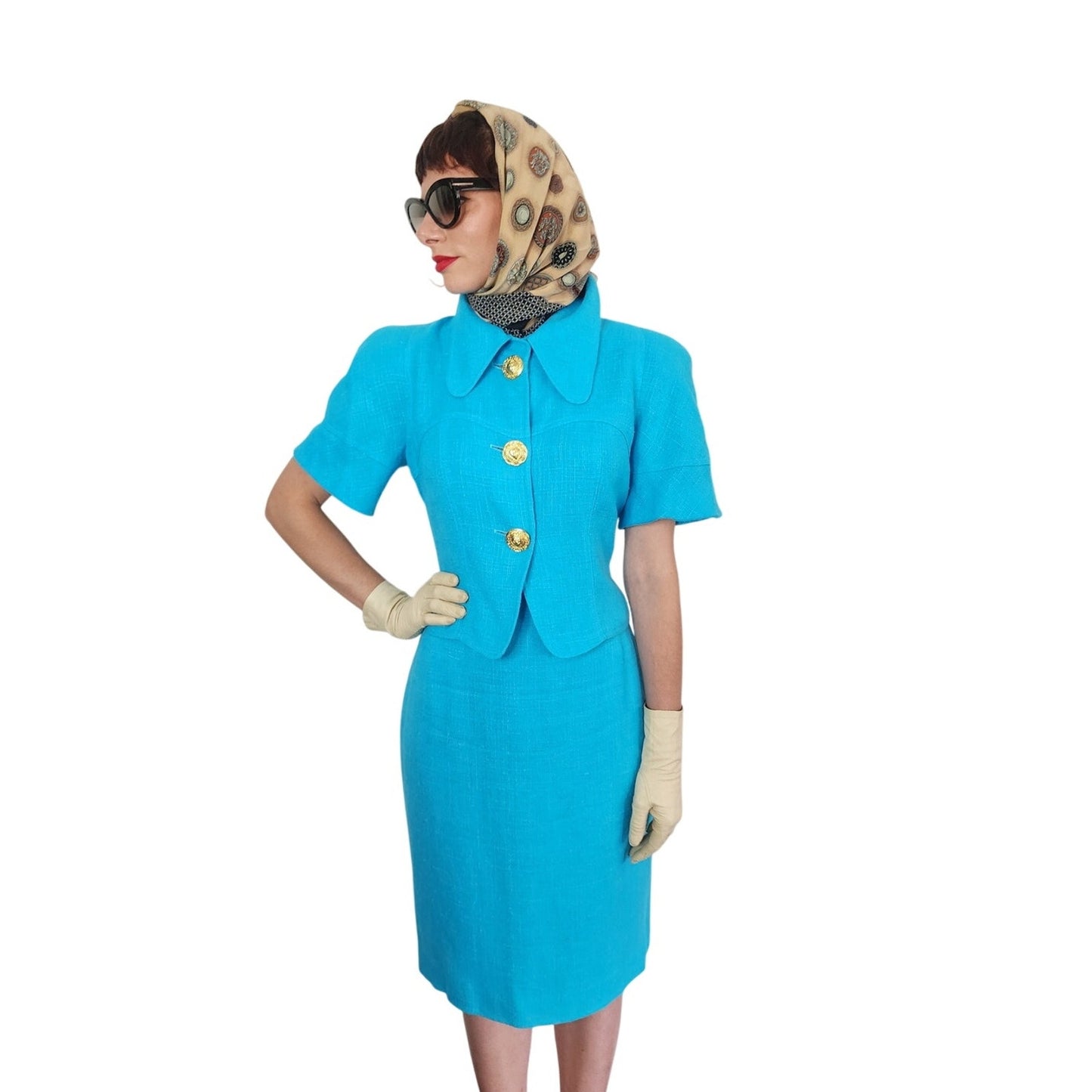 Vintage 1990s Christian Lacroix Skirt Suit Turquoise Blue + Gold Buttons / M
