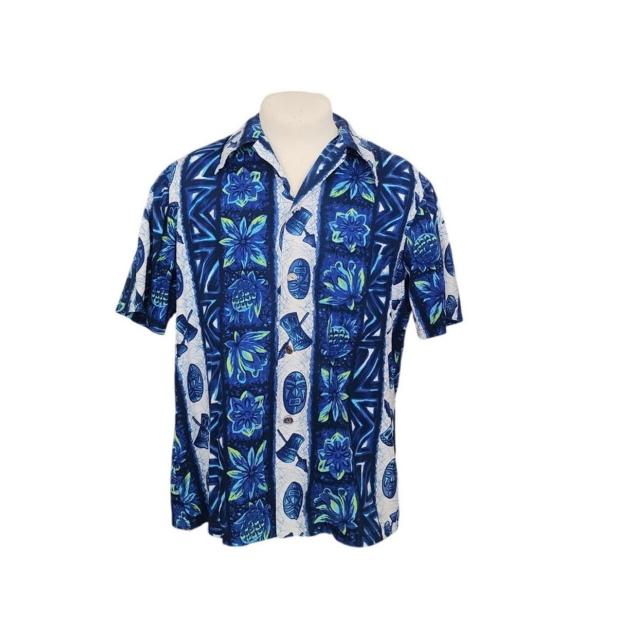 Vintage 1960s Ui-Maikai Men's Blue Hawaiian Tiki Shirt Cotton Short Sleeve