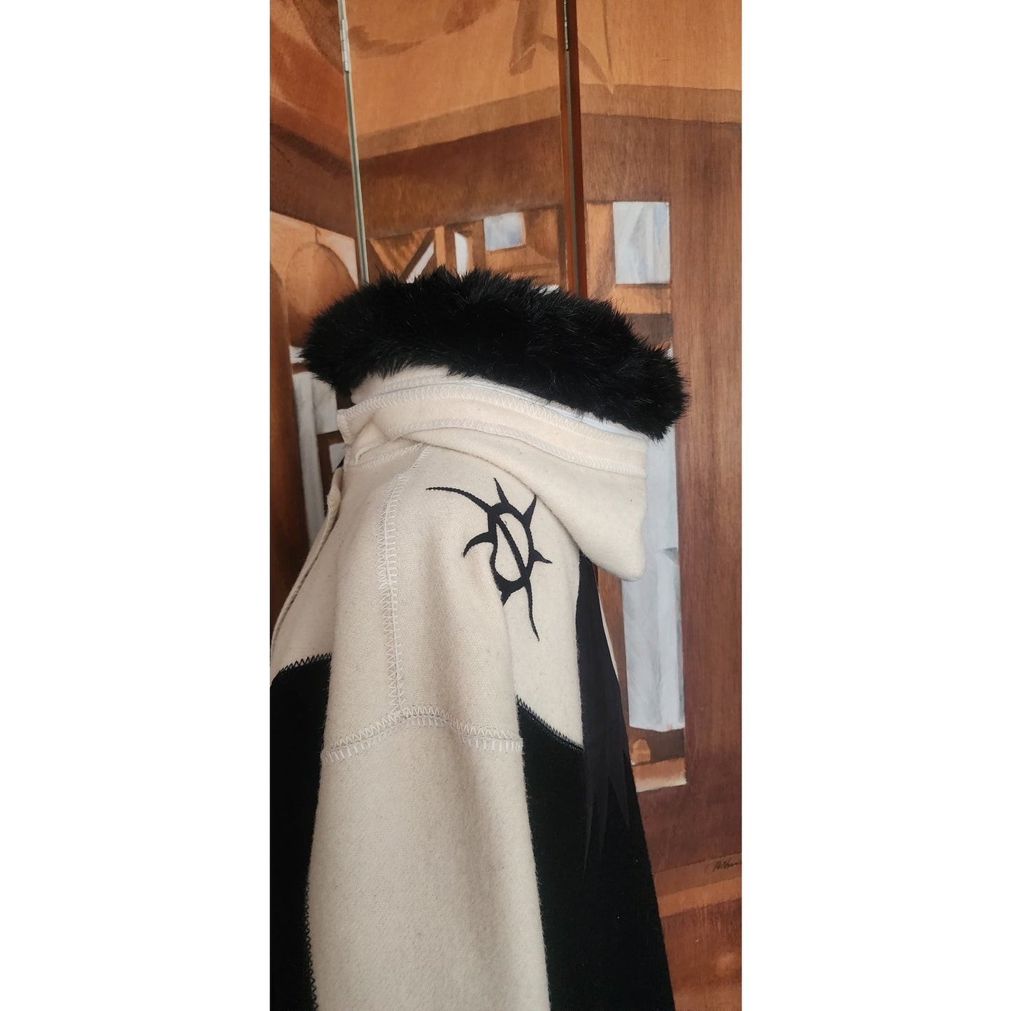 Vintage 1980s Linda Lundstrom La Parka Guardian Eagle Coat Art to Wear Hooded Faux Fur + Liner