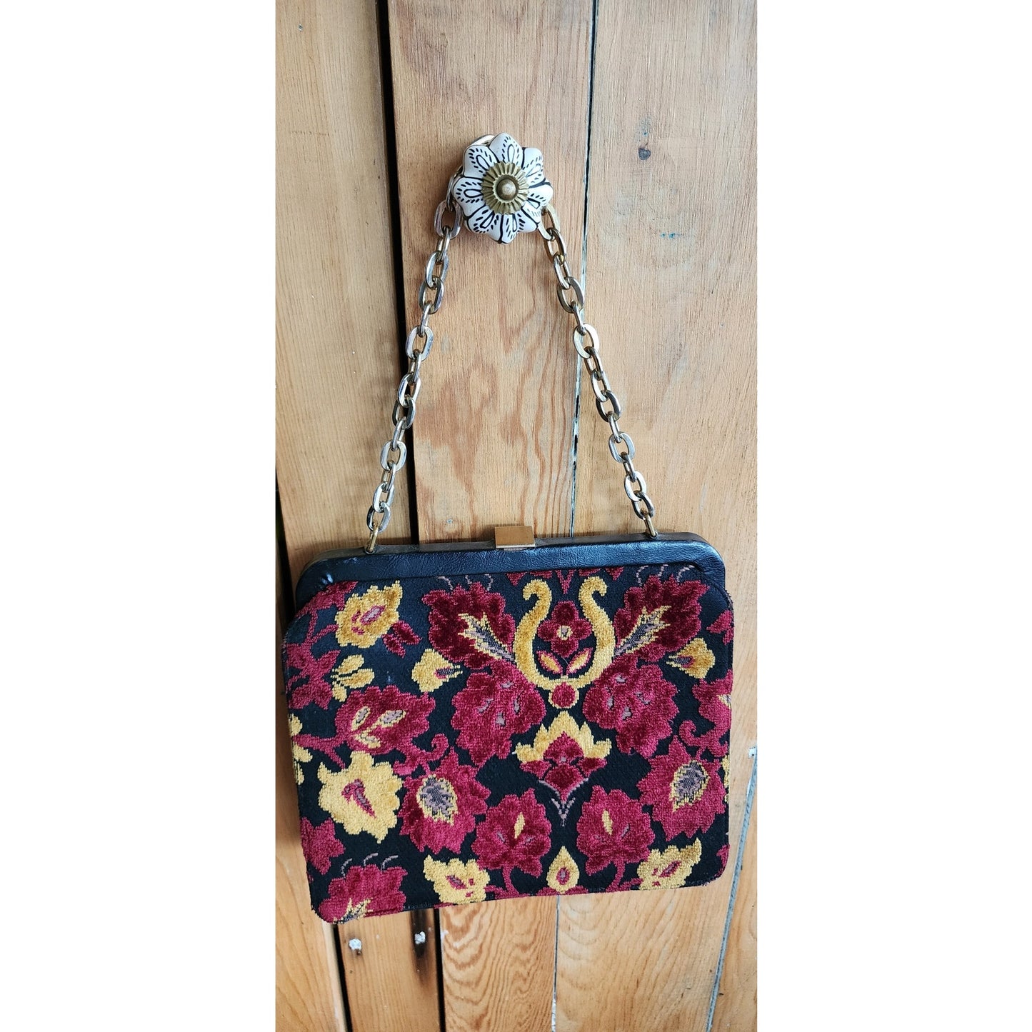 Vintage 60s Tapestry Weave Bag Burgundy Red Yellow Floral Brocade