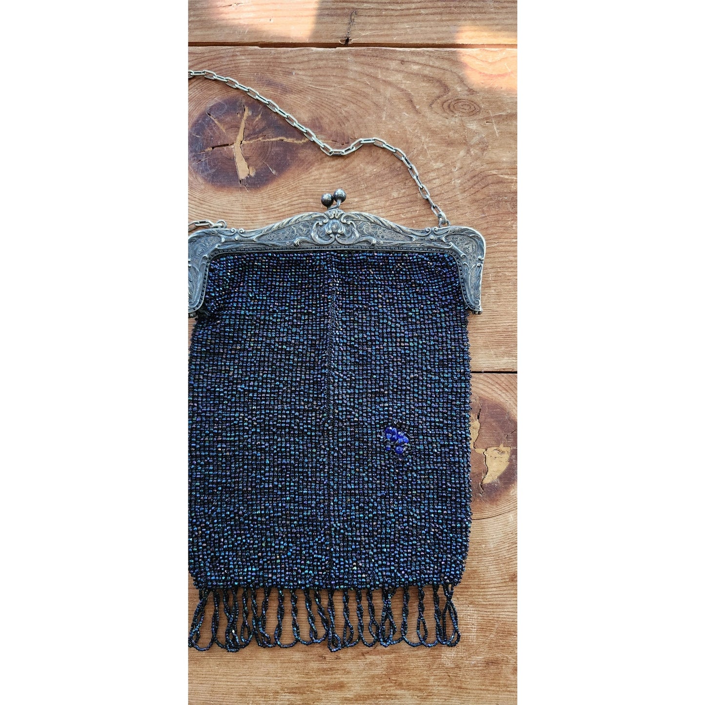 Edwardian Beaded Evening Bag Navy Blue Glass Microbeading