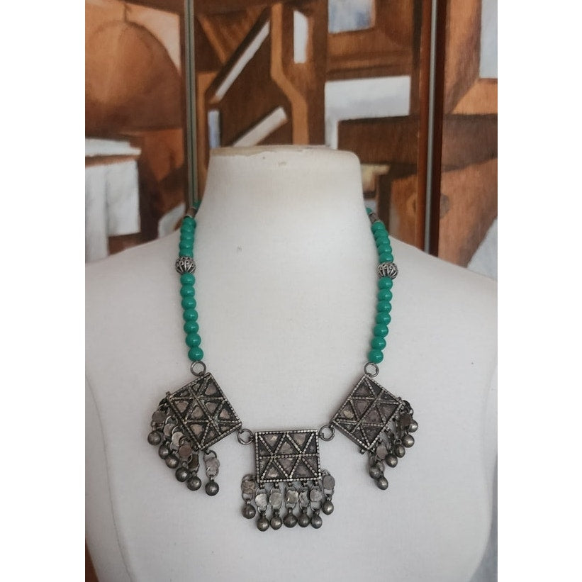 Vintage Tibetan Nepali Bib Necklace Dyed Agate Blue Beads Sterling Silver Clasp