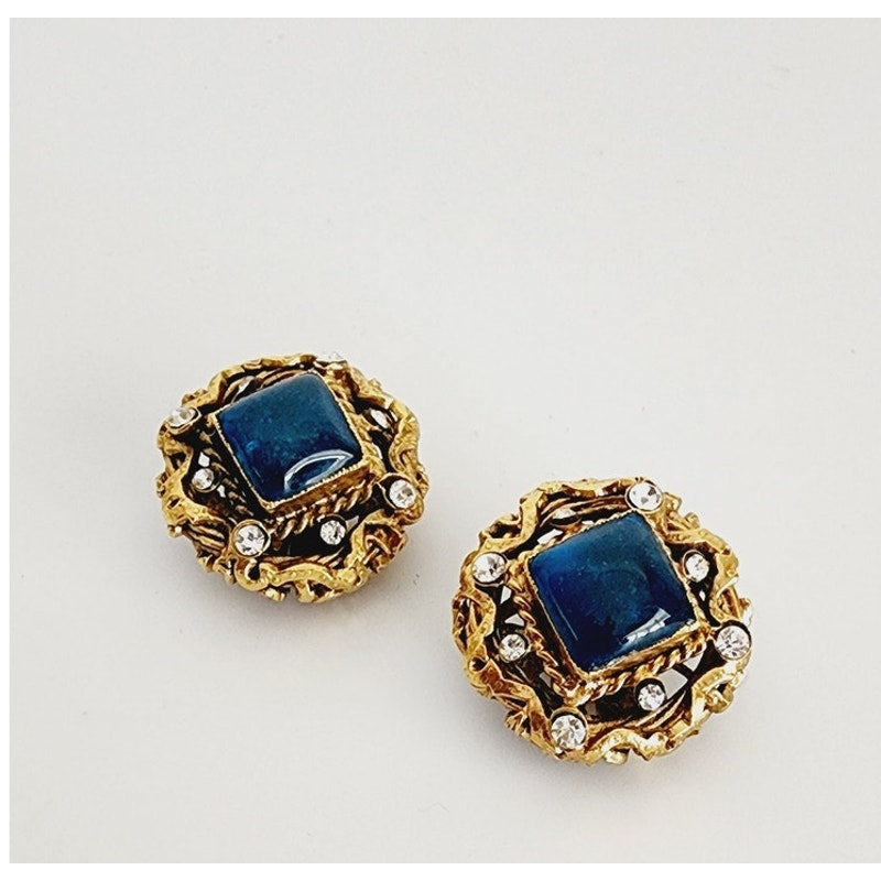 Vintage 90s Chanel Earring Clips Gripoix Blue Glass Byzantine Style A 96