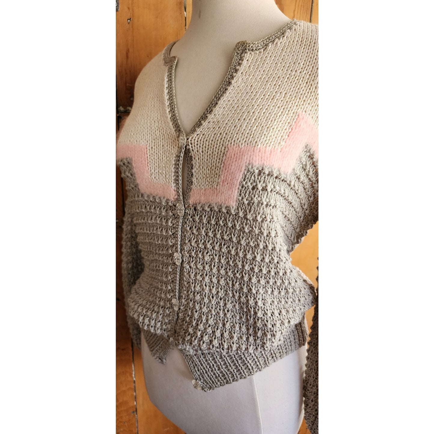 Vintage 80s Sweater Gray Pink Handknit Cardigan Acrylic Angora by Signatures