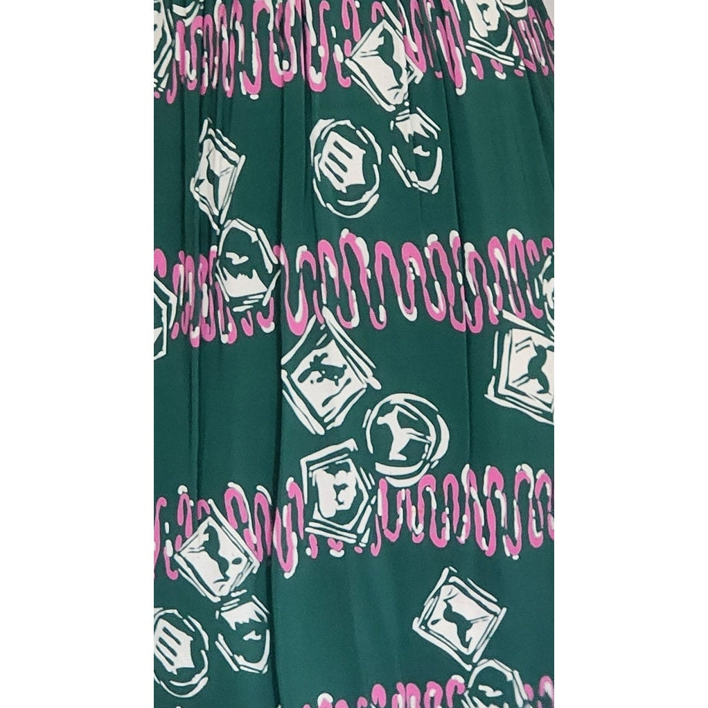 Vintage 40s Rayon Dress Green Pink Novelty Print Ancient Greek Greece Classical Art