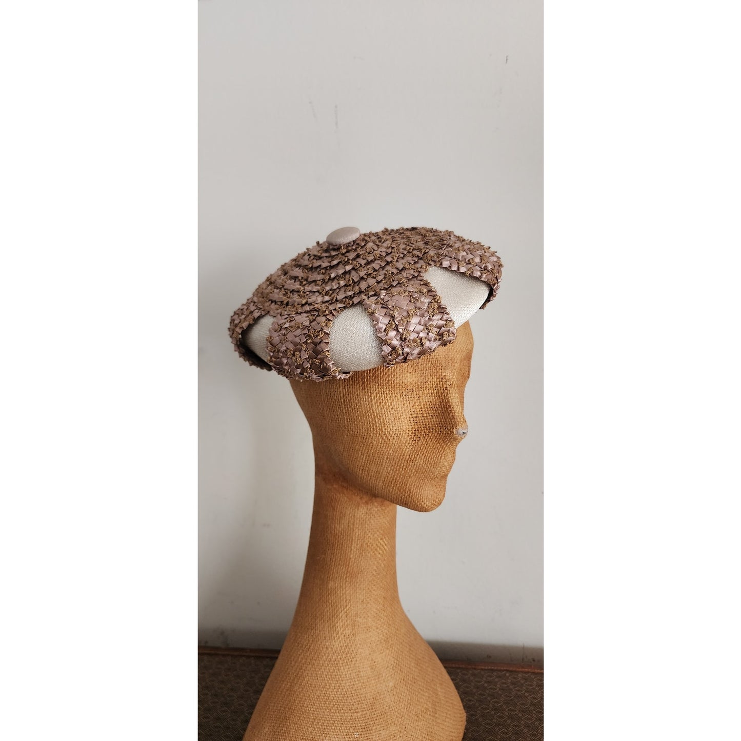 Vintage 50s Beret Hat Brown Straw Cream Silk