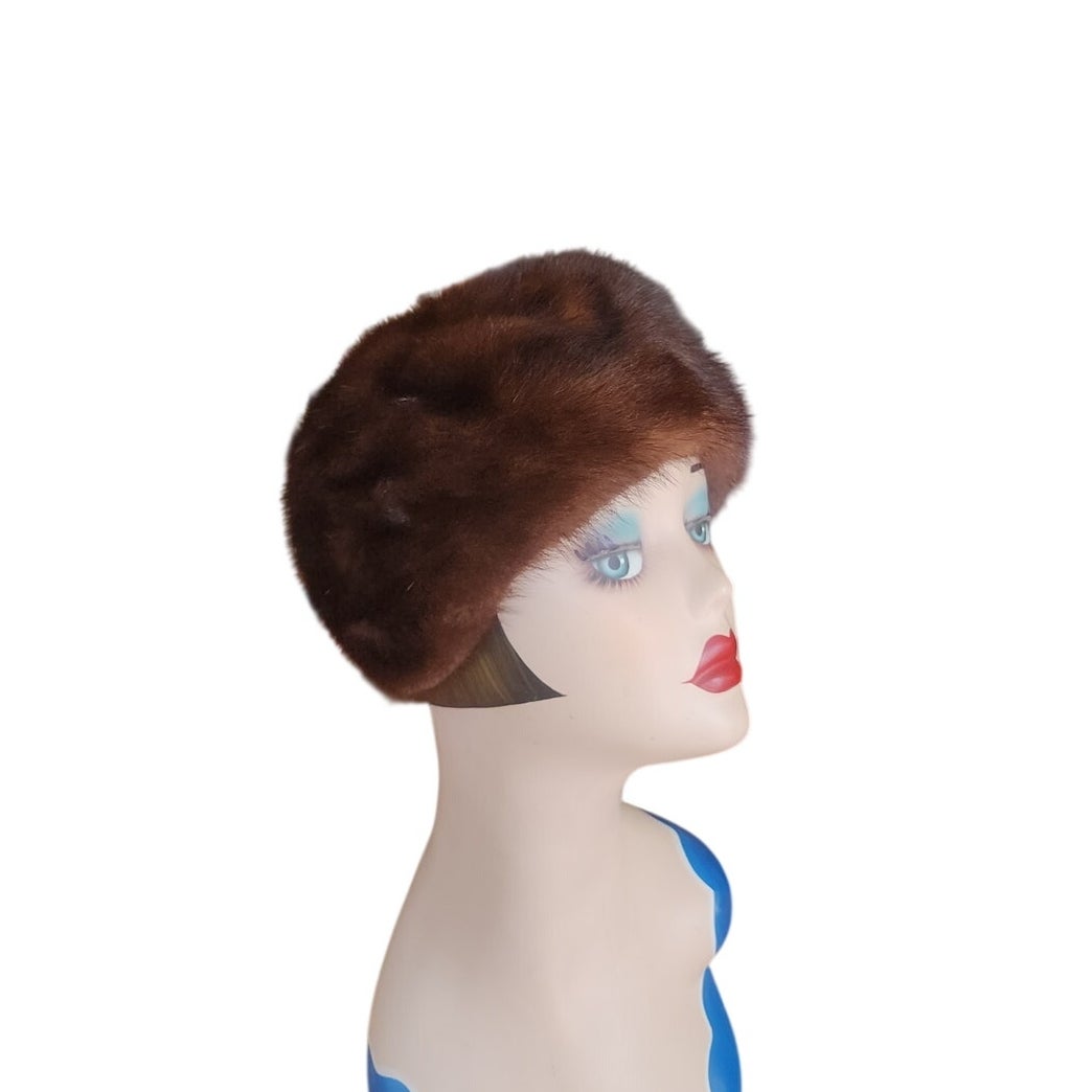 Vintage 1950s Mink Fur Hat Brown Tam Saks Fifth Avenue Rounded Crown Millinery Salon