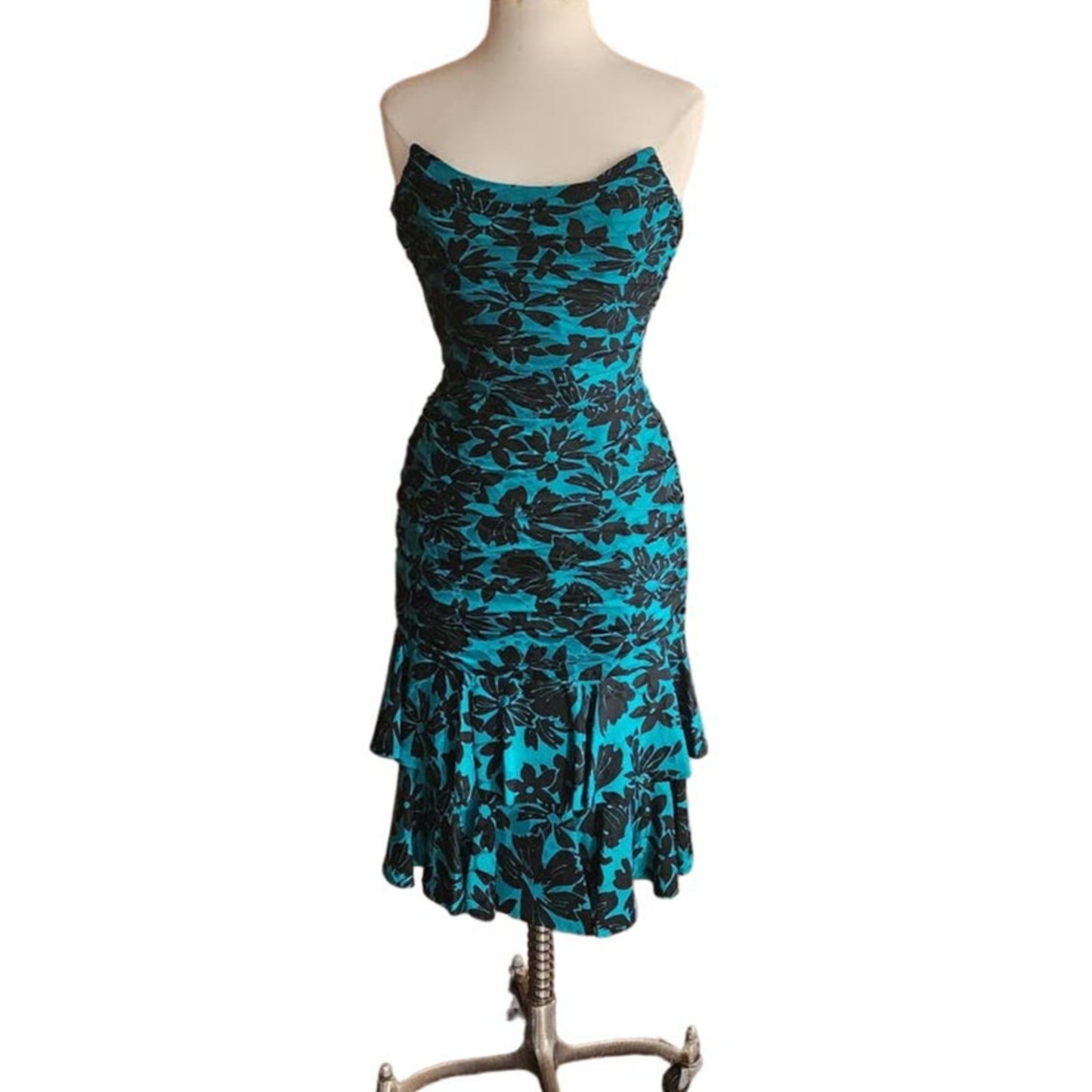 Vintage 80s Strapless Party Dress Teal Black Floral Print