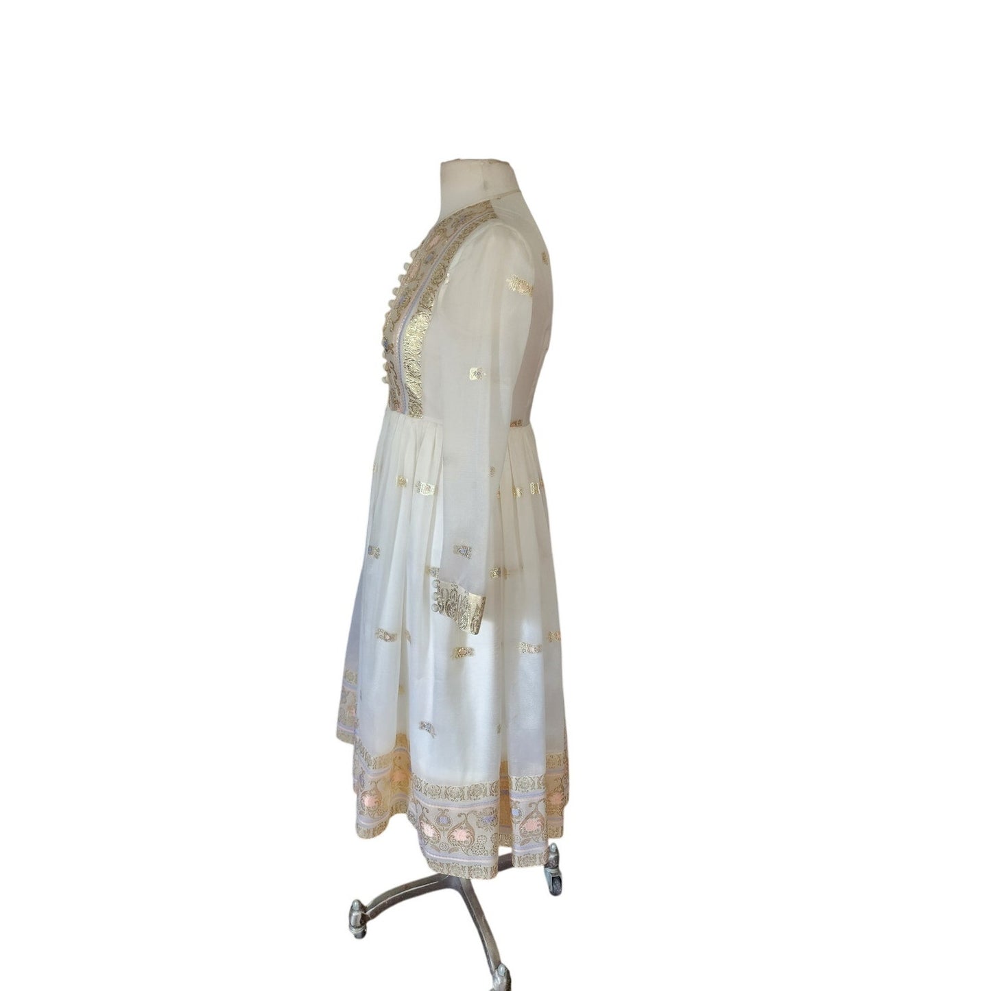 Vintage 70s Boho Party Dress White Gold Organza Chuck Howard