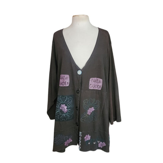 Vintage 1990s Blue Fish Top Cardigan 1999 Earth Garden Gray Linen Patchwork Hand Painted V Neck