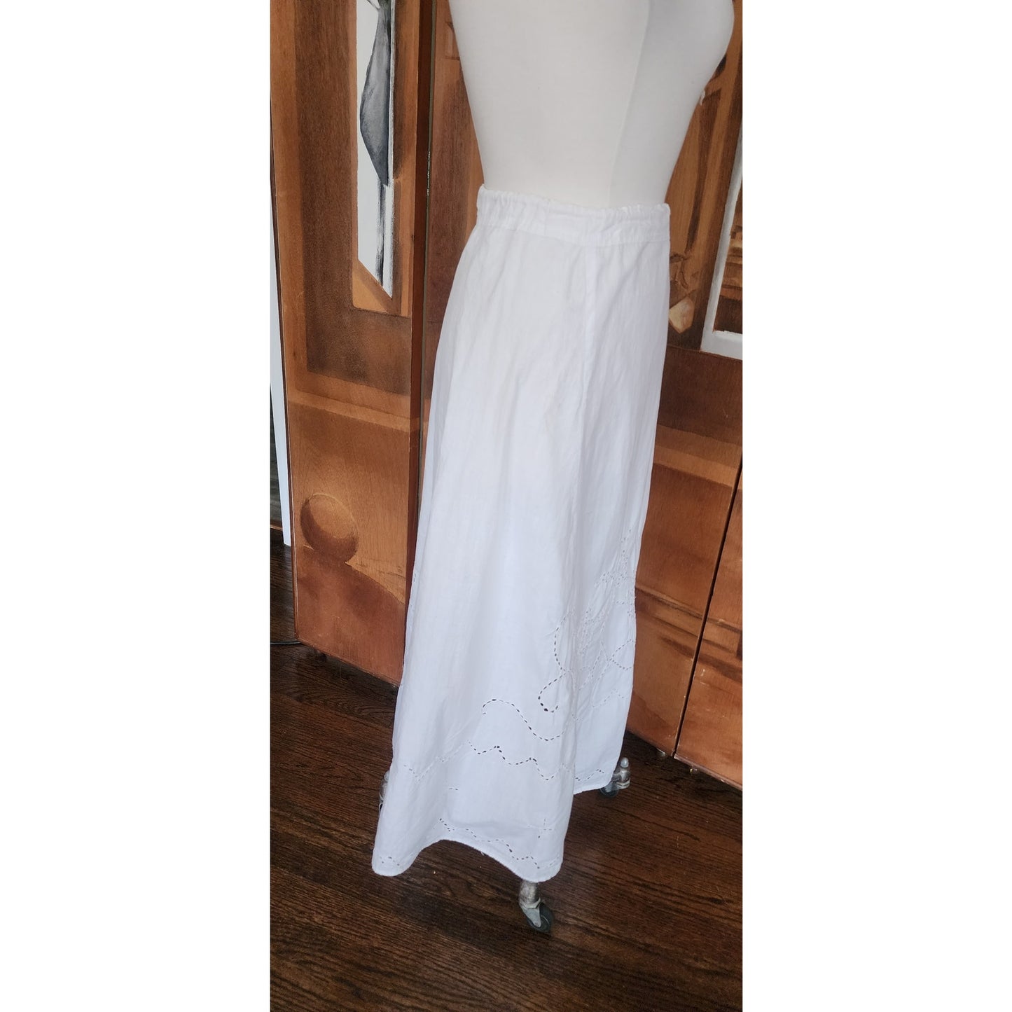 Antique Edwardian Embroidered Petticoat Skirt Underskirt White Cotton Drawstring Waist L