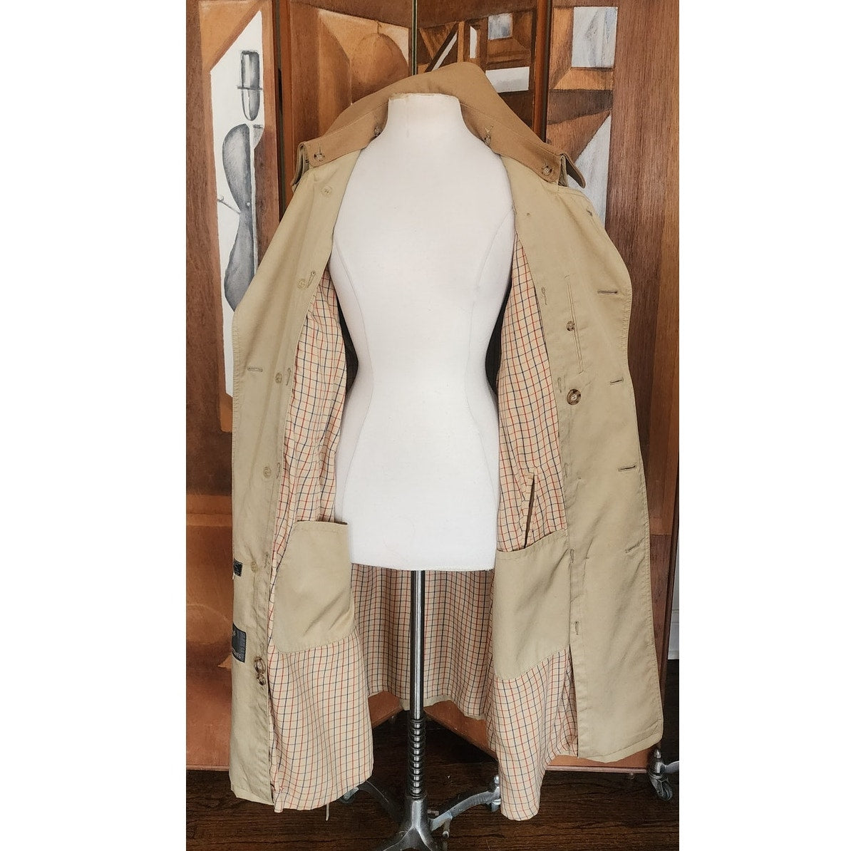 Vintage 80s Lytton's Threadneedle Chicago Mens Beige Trench Rain Coat Belted Wool Collar