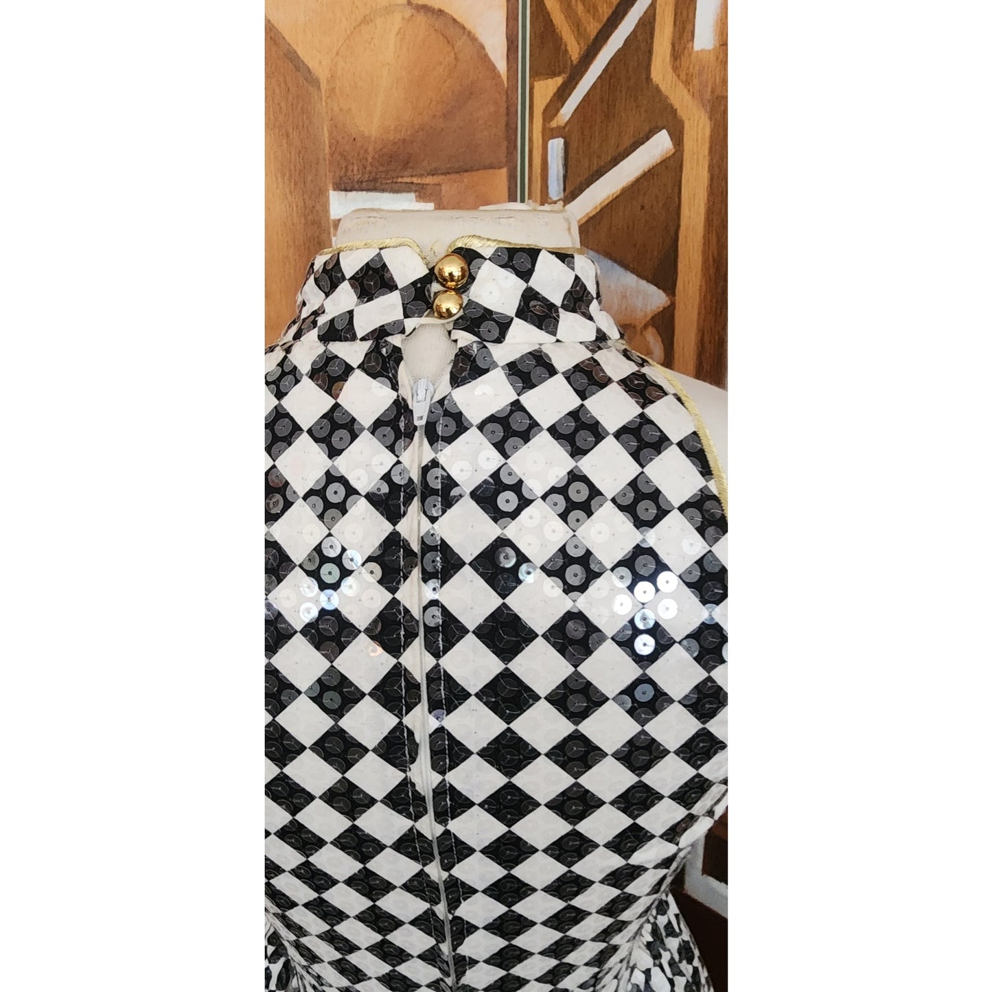 Vintage 80s Morton Myles Dress Mod Black White Checkerboard Print Sleeveless Shift Shiny Clear Sequins