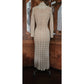 Vintage 1970s Cream Knit Maxi Dress Openwork Crochet Liner Long Sleeved Belted