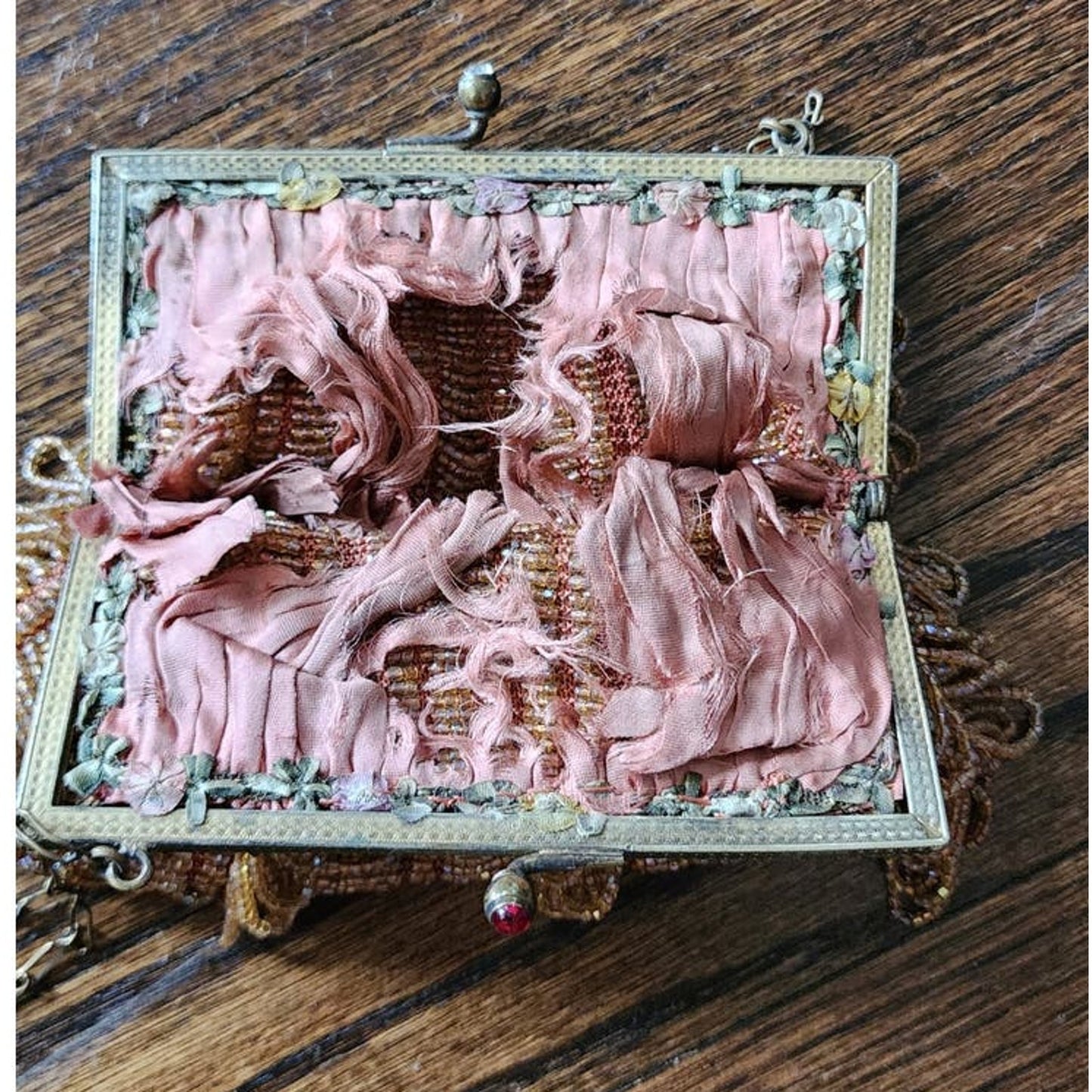 Vintage 1910s Glass Bead Bag Copper Looped Fringe France