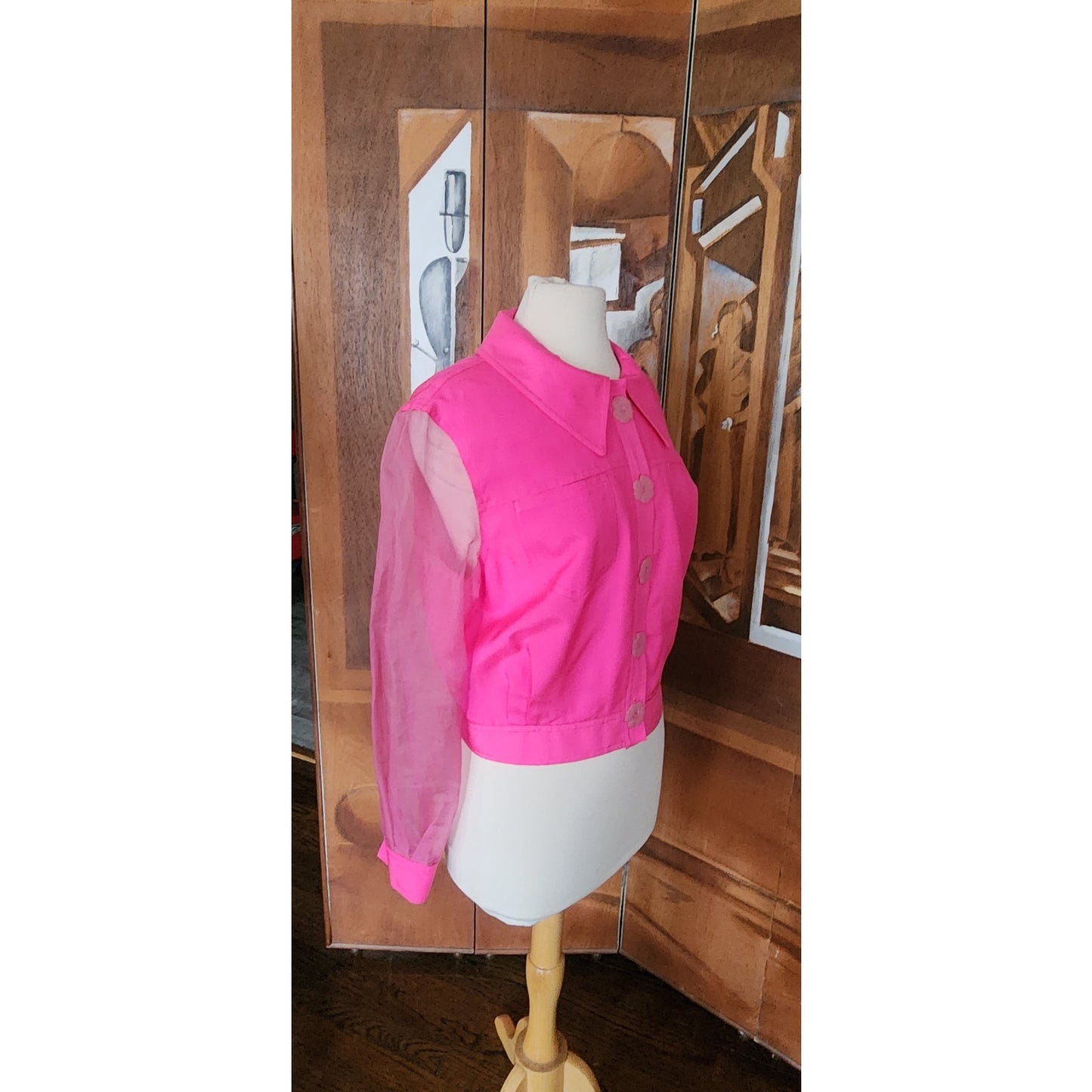 Vintage 90s Pink Silk Jacket Sheer Sleeves Flower Buttons Victoria March Chicago Designer