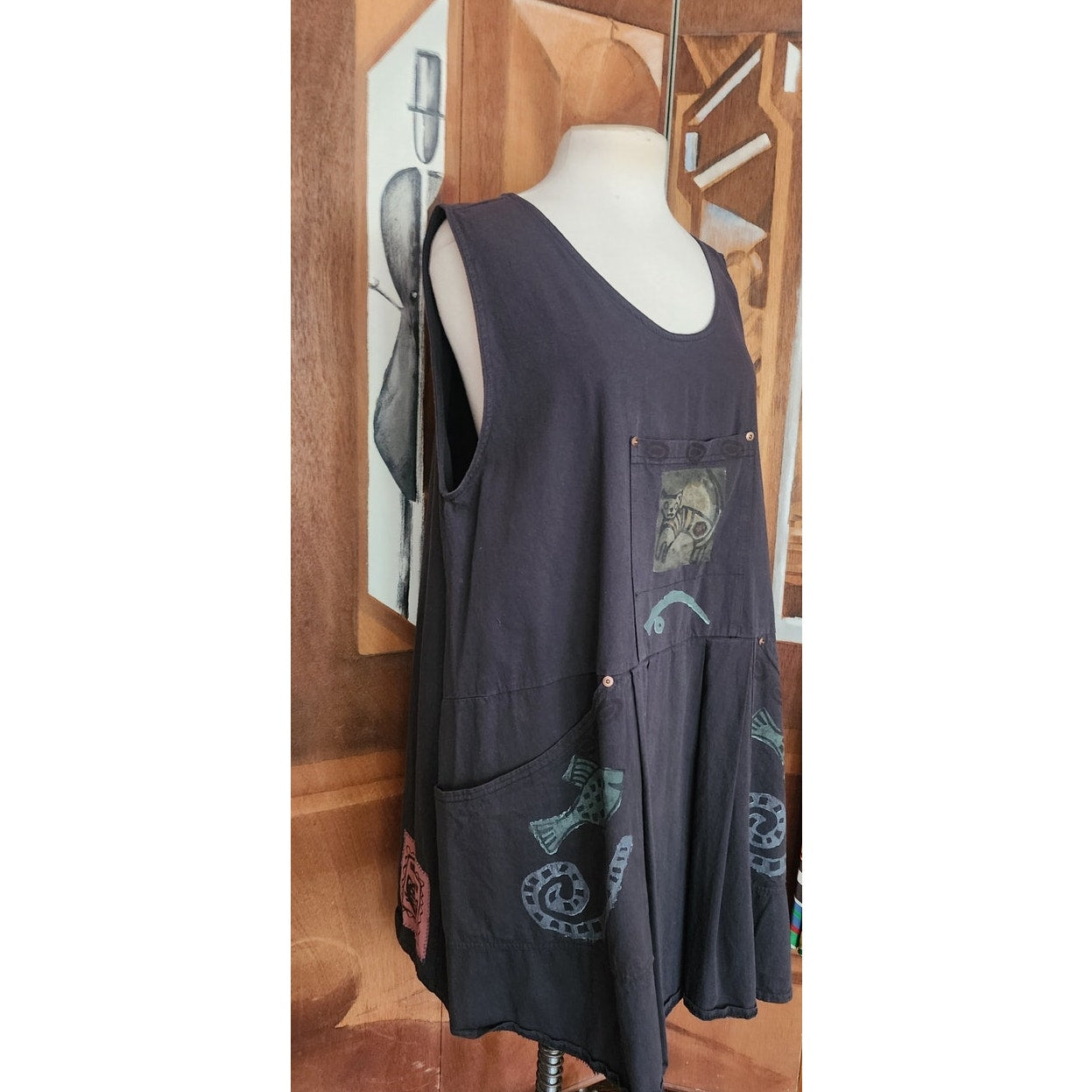 Vintage 90s Blue Fish Jumper Dress Gray 1995 Cat Print Apron Tunic Pinafore Sundress