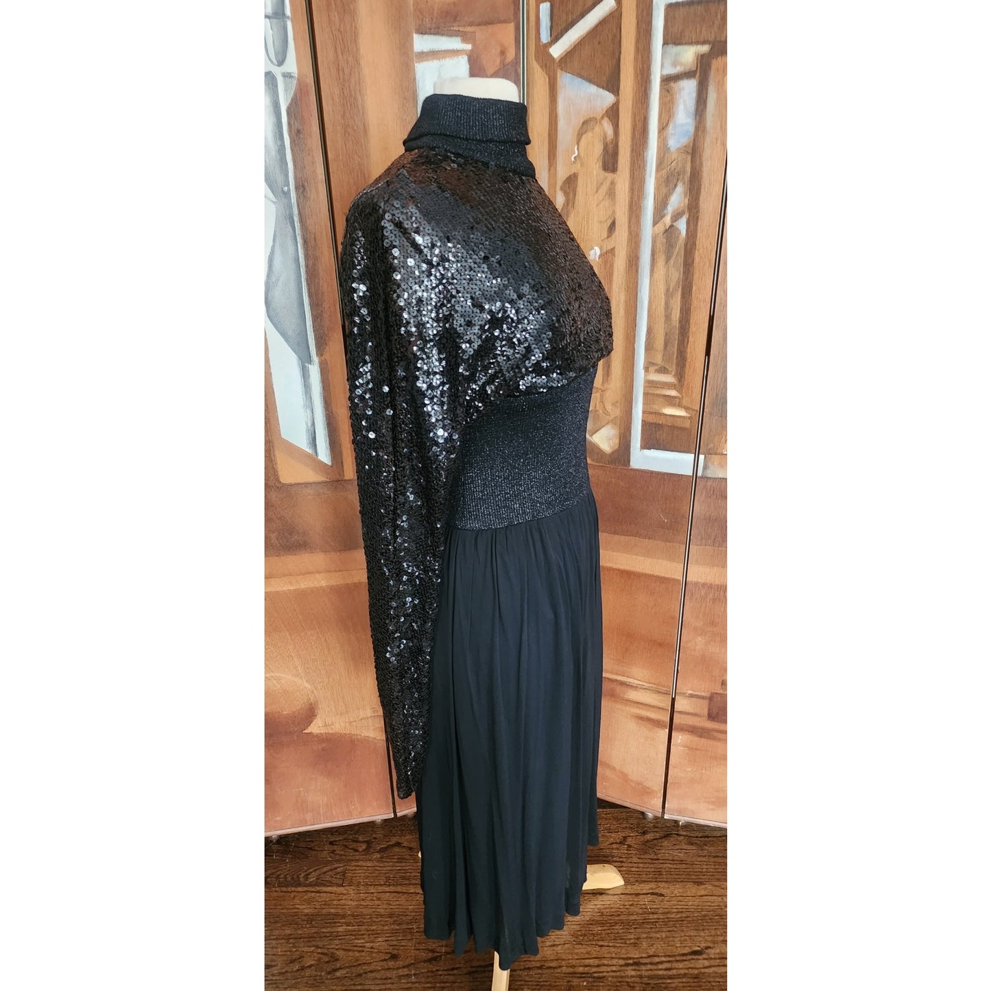 Vintage 1970s Black Maxi Dress Silk Knit Sequined Lurex Pat Sandler Dress Long Sleeve S
